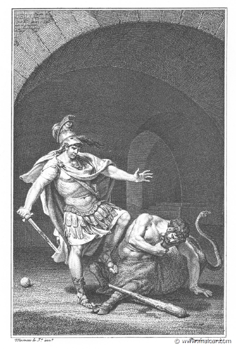 villenave01265.jpg - 01265: Theseus and the Minotaur. "By Ariadne's help, Theseus found the entrance, which no one had ever reached before, by winding up the thread." (Ov. Met. 8.172).Guillaume T. de Villenave, Les Métamorphoses  d'Ovide (Paris, Didot 1806–07). Engravings after originals by Jean-Jacques François Le Barbier (1739–1826), Nicolas André Monsiau (1754–1837), and Jean-Michel Moreau (1741–1814).