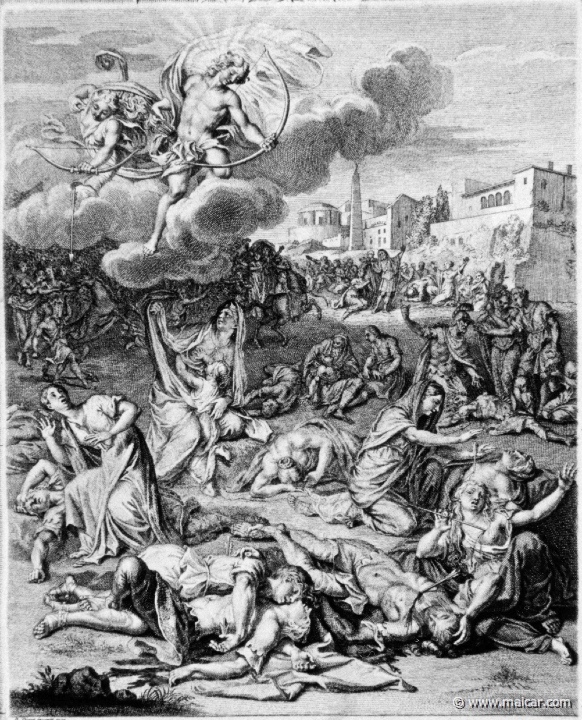 3117detail.jpg - 3117 (detail): Apollo and Diana kill Niobe’s children with their arrows. Bernard Picart (1673-1733), Fabeln der Alten (Musen-Tempel), 1754.