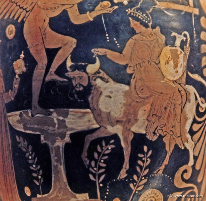 8213detail.jpg - 8213 (detail): Red-figured neck-amphora (jar) with two nymphs, one riding on a river god (man-faced bull) and Eros. British Museum, London.