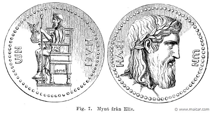 see016.jpg - see016: Zeus holding Nike. Coins from Elis (Florence and Paris). Otto Seemann, Grekernas och romarnes mytologi (1881).