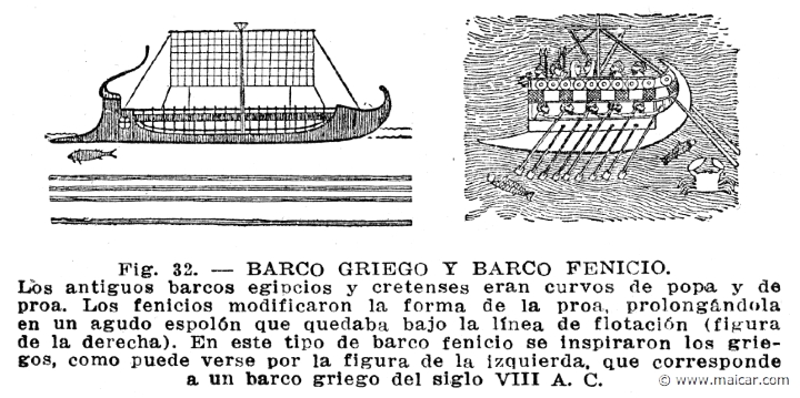 secco068.jpg - secco068: Barco griego y barco fenicio. Oscar Secco Ellauri, Pedro Daniel Baridón, Historia de los Griegos (CADEC, Montevideo).