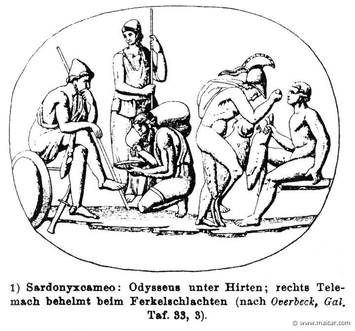 RV-0269.jpg - RV-0269: Odysseus and herders. Right: Telemachus, wearing a helmet.Wilhelm Heinrich Roscher (Göttingen, 1845- Dresden, 1923), Ausfürliches Lexikon der griechisches und römisches Mythologie, 1884.