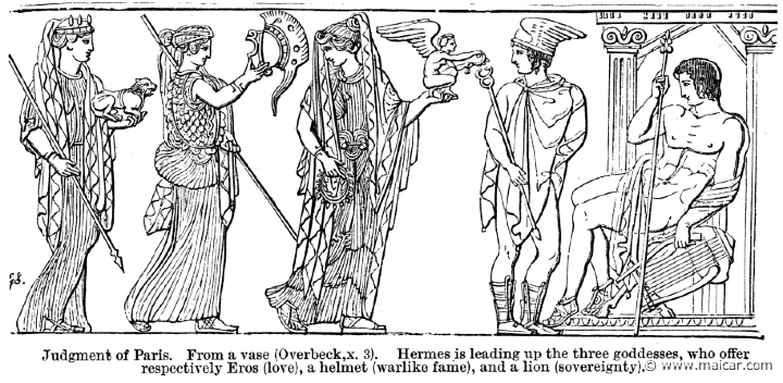 smi429.jpg - smi249: Judgment of Paris. Hermes leads the three goddesses (Aphrodite, Athena and Hera), who offer respectively Eros (love), a helmet (warlike fame), and a lion (sovereignty). Sir William Smith, A Smaller Classical Dictionary of Biography, Mythology, and Geography (1898).