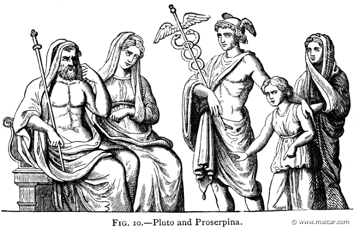 mur010.jpg - mur010: Hermes Psychopompos brings a soul before Hades and Persephone. Alexander S. Murray, Manual of Mythology (1898).