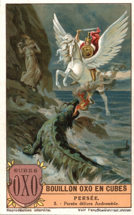 liebper05.jpg - liebper05: Perseus rescues Andromeda, who had been exposed as a prey to the sea-monster sent by Poseidon, as a remedy to the calamities that Ethiopia was suffering. Liebig sets.
