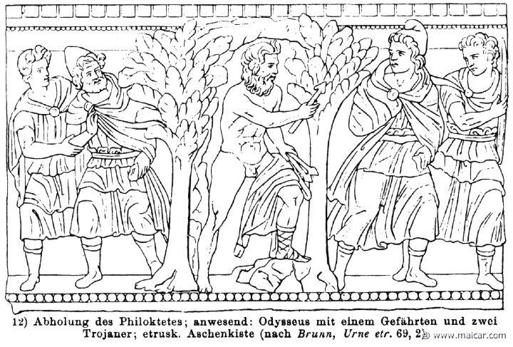 RIII.2-2338.jpg - RIII.2-2338: Odysseus with a companion, Philoctetes with the wounded foot, and two Trojans. Wilhelm Heinrich Roscher (Göttingen, 1845- Dresden, 1923), Ausfürliches Lexikon der griechisches und römisches Mythologie, 1884.