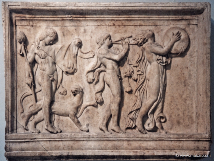 8202.jpg - 8202: Marble relief of a Maenad and two satyrs in a Dionysiac procession. Roman c. AD 100. British Museum, London.