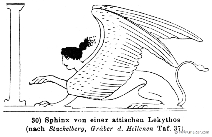 RIV-1395b.jpg - RIV-1395b: Sphinx from Attic Lekythos. Wilhelm Heinrich Roscher (Göttingen, 1845- Dresden, 1923), Ausfürliches Lexikon der griechisches und römisches Mythologie, 1884.