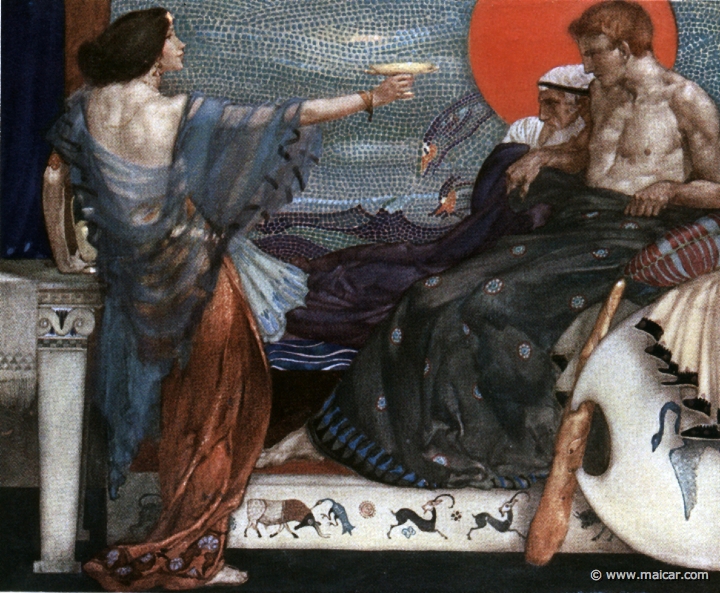 king174.jpg - king174: Medea, offering the poisoned cup to Theseus, who sits beside his father, King Aegeus. Painting by William Russell Flint (1880-1969). Charles Kingsley, Grekiska Hjältesagor (1924, Swedish Edition of The Heroes). Paintings (watercolors) from 1911.