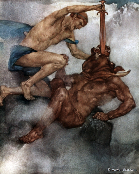 king187.jpg - king187: Theseus killing the Minotaur. Painting by William Russell Flint (1880-1969). Charles Kingsley, Grekiska Hjältesagor (1924, Swedish Edition of The Heroes). Paintings (watercolors) from 1911.