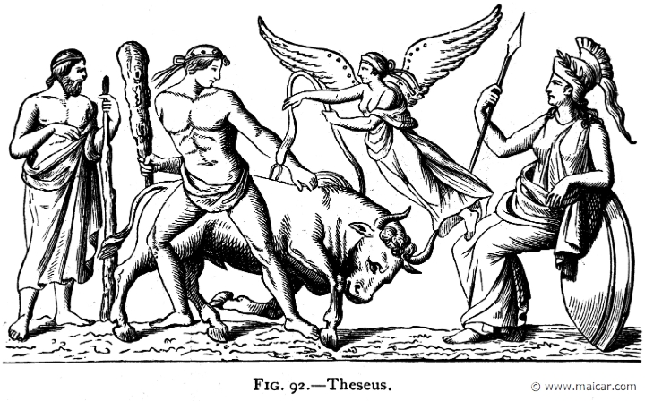 mur092.jpg - mur092: Theseus taming the Marathonian bull in the presence of Athena. Alexander S. Murray, Manual of Mythology (1898).