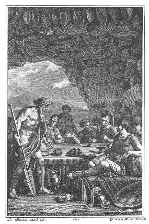 villenave01281.jpg - villenave01281: Theseus and Achelous. "Theseus and his comrades of the chase disposed themselves upon the couches." (Ov. Met. 8.566). Guillaume T. de Villenave, Les Métamorphoses d'Ovide (Paris, Didot 1806–07). Engravings after originals by Jean-Jacques François Le Barbier (1739–1826), Nicolas André Monsiau (1754–1837), and Jean-Michel Moreau (1741–1814).