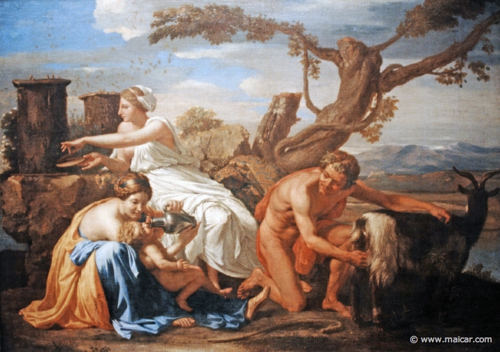 2306.jpg - 2306: Nicolas Poussin 1594-1665: Jupiter als Kind, von der Ziege Amalthea genärht 1639. Gemälde Galerie Kulturforum, Berlin.