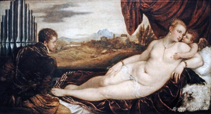 2226.jpg - 2226: Tiziano Vecillio gen. Tizian. 1488/90-1576: Venus mit dem Orgelspieler 1550/52. Gemälde Galerie Kulturforum, Berlin.