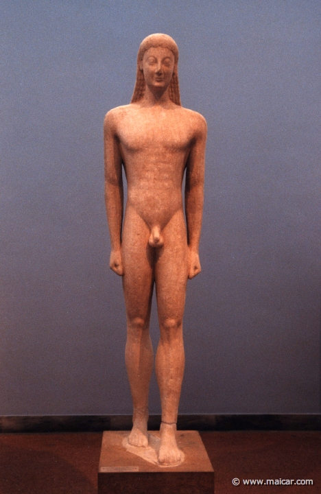 6130.jpg - 6130: Statue of a Kouros. Naxian marble. Found in Melos. A typical island work, exhibiting slenderness, delicacy, and grace of Cycladic art. About 550 BC. National Archaeological Museum, Athens.