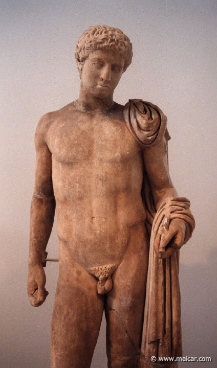 6222.jpg - 6222: Hermes of Aigion. Remains of the caduceus (Kerykeion) and the purse are preserved in his left and right hand respectively. From Aigion, North Peloponnese, Augustan period (27 BC-AD 14). National Archaeological Museum, Athens.