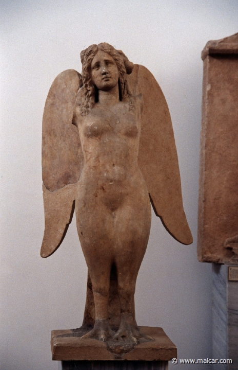 6237.jpg - 6237: Statue of a mourning siren. The wings would have been coloured. From the Kerameikos. National Archaeological Museum, Athens.