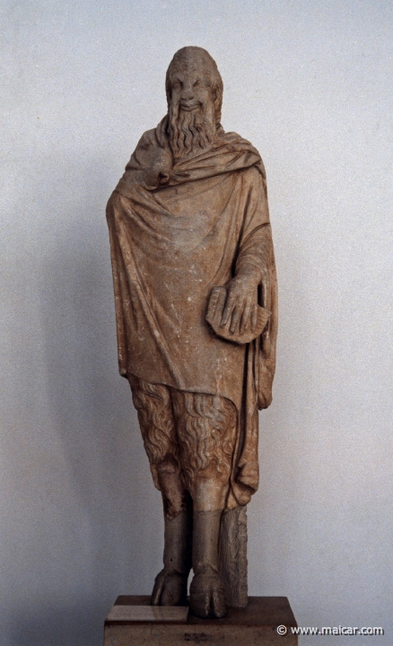6327.jpg - 6327: Pan wearing the himation and holding the pastoral piepe. Found in Sparta. Copy of the 1C AD of an original of the 4C BC. National Archaeological Museum, Athens.