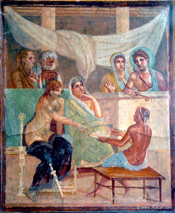 7104.jpg - 7104: Admetus and Alcestis listen to the oracle. Pompei, casa del Poeta Tragico (VI 8,3), tablino (8). National Archaeological Museum, Naples.
