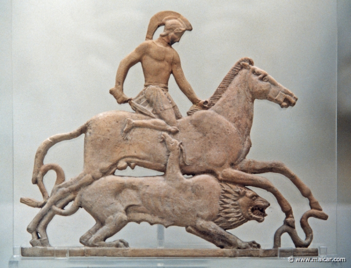 7918.jpg - 7918: Terracotta relief. Bellerophon and the Chimaera. Melos about 450 BC. British Museum, London.