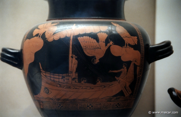 8101.jpg - 8101: Red-figured stamnos (jar) showing Odysseus and the sirens. Greek c. 480-470 BC. British Museum, London.