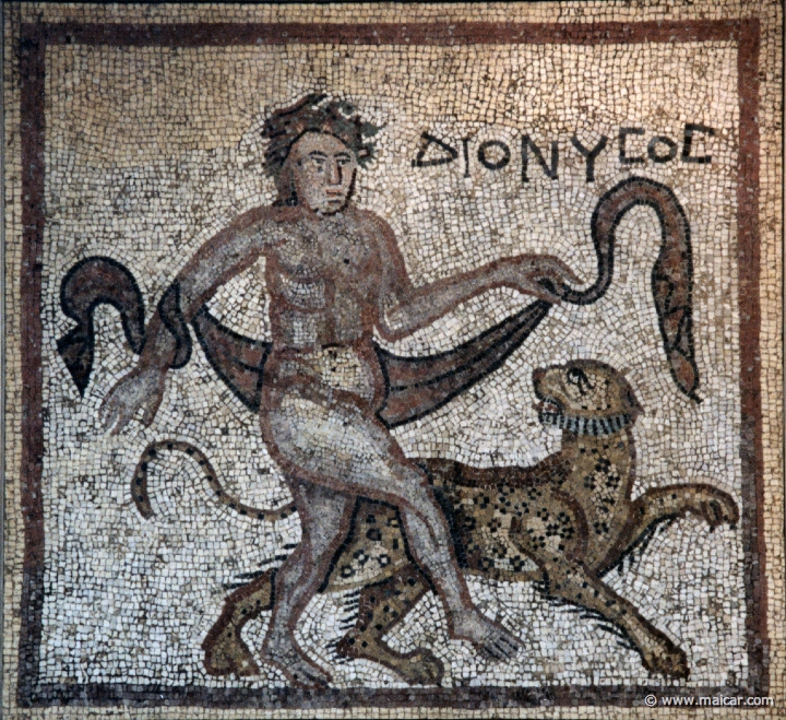 8104.jpg - 8104: Part of panel from a mosaic pavement. Roman 4th century AD: Dionysos dances with his panther. Roman 4th century AD. British Museum, London.
