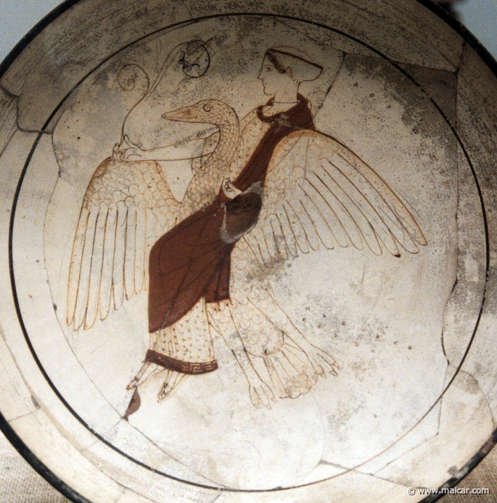 8131detail.jpg - 8131 (detail): White-ground kylix (drinking-cup) with Aphrodite riding on a goose. Athens about 460 BC. British Museum, London.