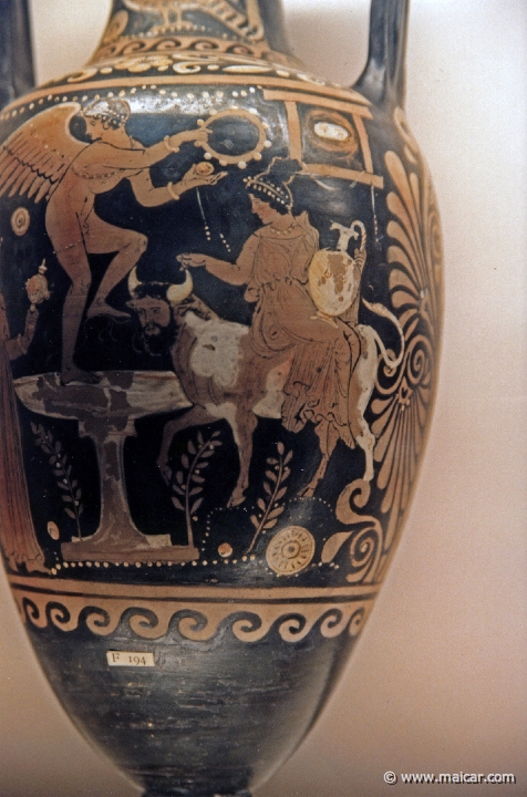 8213.jpg - 8213: Red-figured neck-amphora (jar) with two nymphs, one riding on a river god (man-faced bull) and Eros. British Museum, London.