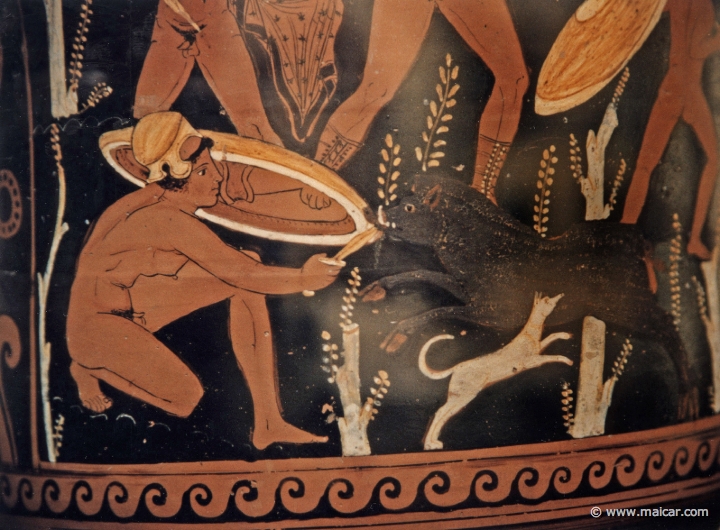 8217.jpg - 8217: Red-figured bell-krater (bowl for mixing wine and water) with a boar hunt. Paestum c.330-320 BC. British Museum, London.