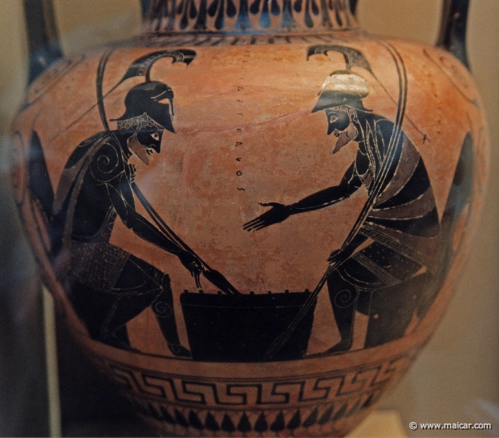 8311.jpg - 8311: Black-figured amphora (storage-jar). Ajax (left) and Achilles playing a game resembling backgammon. Athens c. 520 BC. British Museum, London.