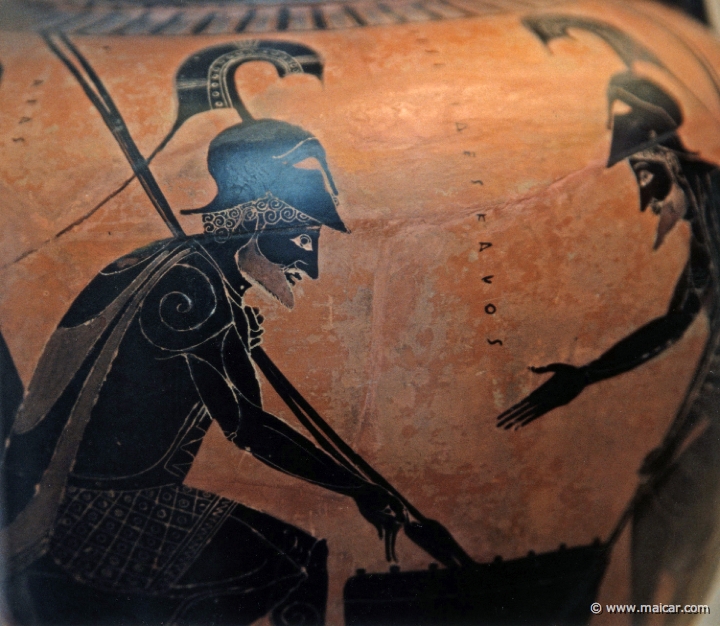 8312.jpg - 8312: Black-figured amphora (storage-jar). Ajax (left) and Achilles playing a game resembling backgammon. Athens c. 520 BC. British Museum, London.