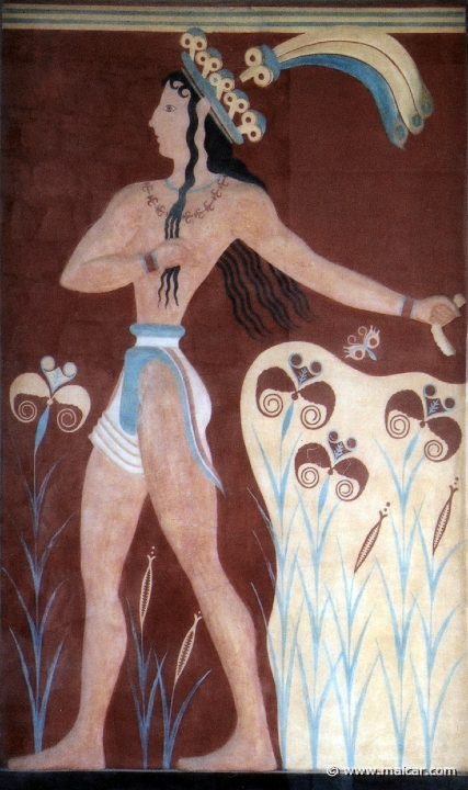 9536.jpg - 9536: “Prince of the Lilies” fresco. Knossos. The south part and south facade of the Palace is very eroded. Today one can only see foundations on tired levels. At the bottom, a tower-like projection is all that remains of the south entrance to the Palace. An ascending corridor led to the Central Court.The section of the corridor closest to the Central Court is reconstructed. Evans put a copy of a relief wall painting here, of which onlöy a few fragments were found. On these it was possible to make out a figure wearing jewellery in the shape of lilies. The reconstruction you see here is uncertain. In Evan’s opinion, it represented the “Priest-King”. Other scholars think that it is a prince, whilst others believe it depicts a female figure. Palace of Knossos (Crete).