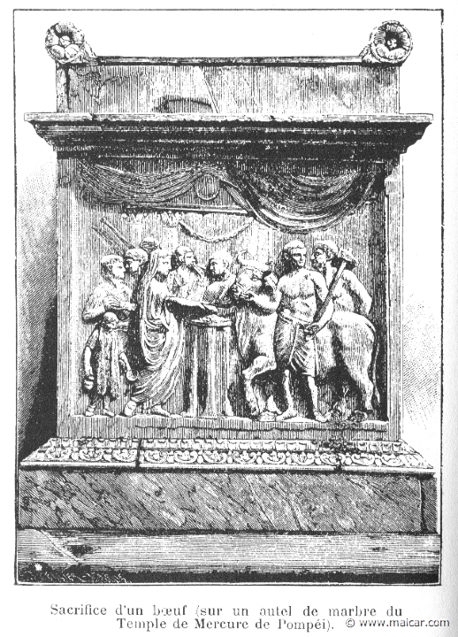 comm456.jpg - comm456: Sacrifice d'un bœuf (sur un autel de marbre du Temple de Mercure de Pompéi. P. Commelin, Mythologie Grecque et Romaine, Éditions Garnier Frères, Paris.