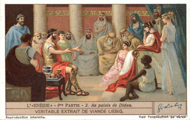 liebaen1.2.jpg - liebaen1.2: Aeneas impressing Queen Dido with war anecdotes and accounts on Trojan bravery and Achaean treachery. Liebig sets.