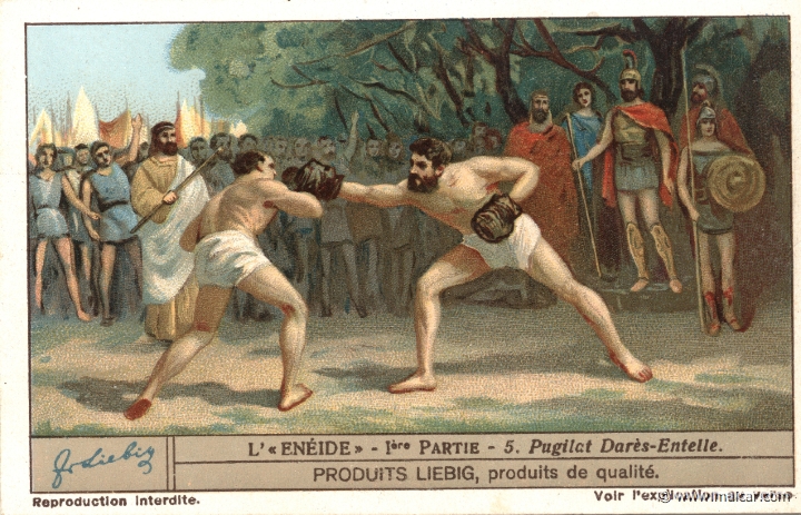 liebaen1.5.jpg - liebaen1.5: Here are Dares and Entellus, who participated in the games held by Aeneas in Sicily. Dares was defeated in a boxing match by Entellus (Vir.Aen.5.368ff.). Liebig sets.