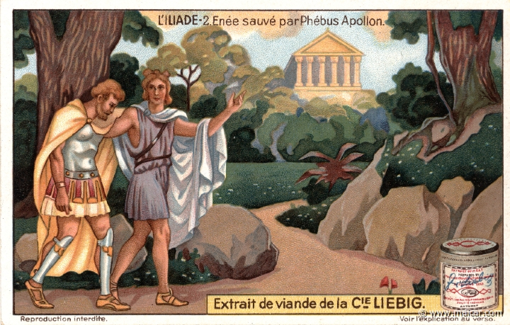 liebil02.jpg - liebil02: During the Trojan War, Aeneas was wounded by Diomedes and, having fainted, would have died if his mother had not come to his rescue. When on the occasion Aphrodite herself was wounded by Diomedes, Apollo took over the protection of the wounded Aeneas, removing him from the battle to the citadel of Pergamus where his temple stood. Liebig sets.