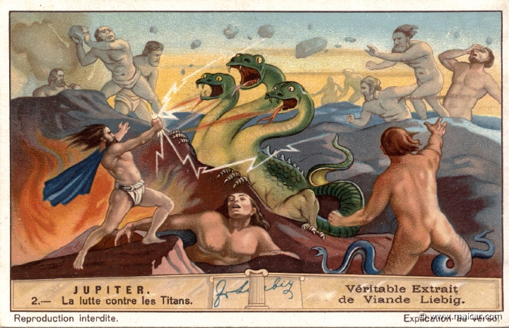 liebjup02.jpg - liebjup02: In this scene of the Titanomachy, Zeus is seen using the thunderbolt against an unidentified monster, presumably an ally of the Titans. Liebig sets.