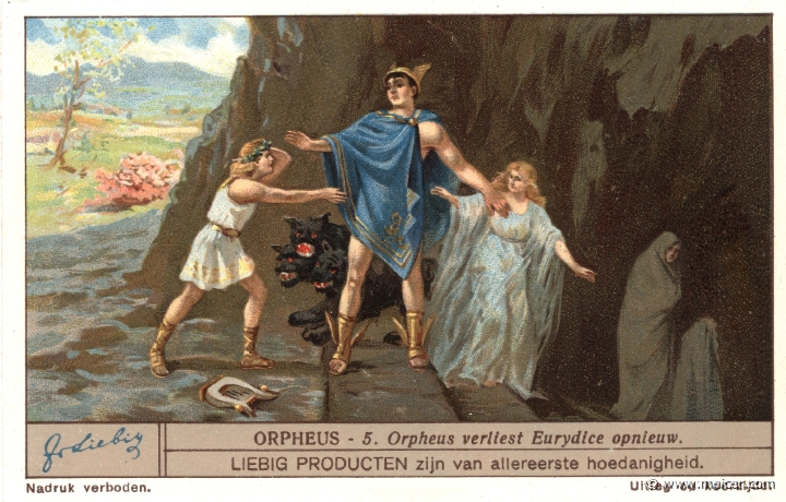 lieborf05.jpg - lieborf05: Hades promised to release Eurydice if Orpheus, on his way up, would not turn round until he came to his own house. But Orpheus forgot, and when he turned round and looked at his wife, she instantly slipped into the depths again. In this manner Orpheus lost her a second time. In the illustration, Hermes appears separating the lovers. Liebig sets.