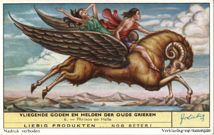 liebvlieg06.jpg - liebvlieg06: Phrixus and Helle on the Ram with the Golden Fleece. Vliegende Goden en Helden der Oude Grieken. Liebig sets.
