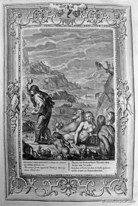 3005.jpg - 3005: Deucalion et Pyrrha repeuplent la terre, en jettant des pierres dérrière eux.Bernard Picart (1673-1733), Fabeln der Alten (Musen-Tempel), 1754.