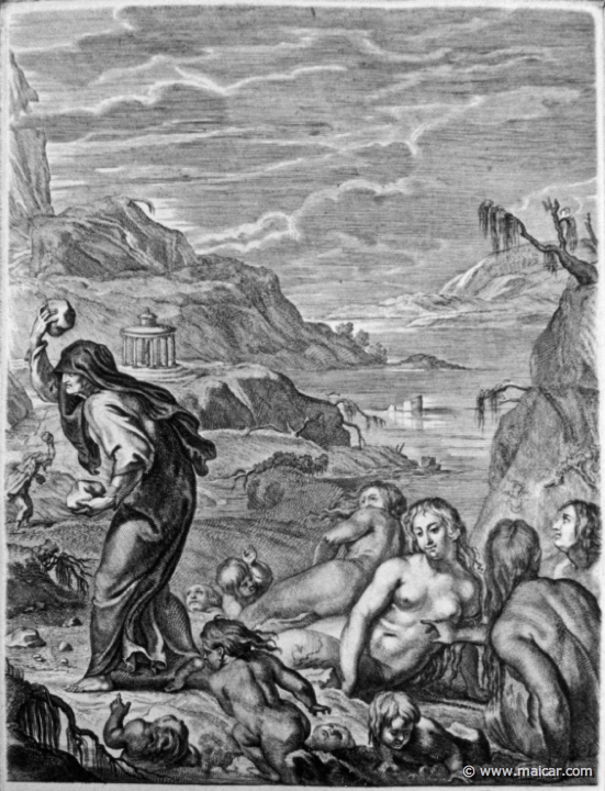 3005detail.jpg - 3005 (detail): Deucalion et Pyrrha repeuplent la terre, en jettant des pierres dérrière eux.Bernard Picart (1673-1733), Fabeln der Alten (Musen-Tempel), 1754.