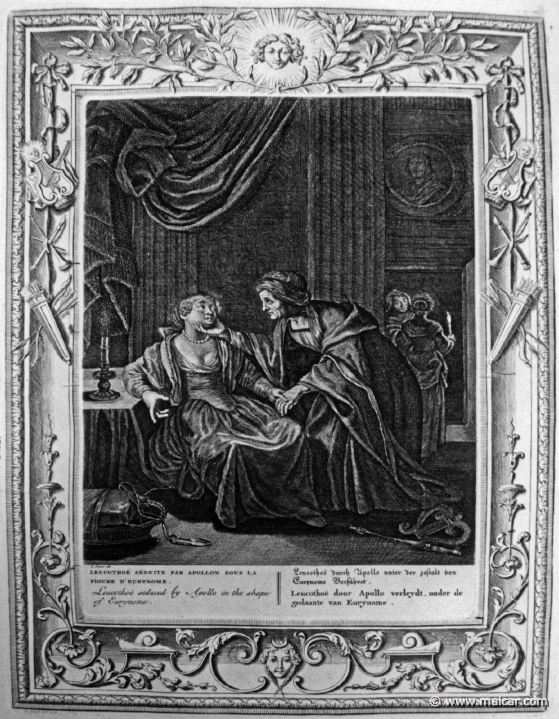 3007.jpg - 3007: Leucothoe seduced by Apollo in the shape of Eurynome.Bernard Picart (1673-1733), Fabeln der Alten (Musen-Tempel), 1754.
