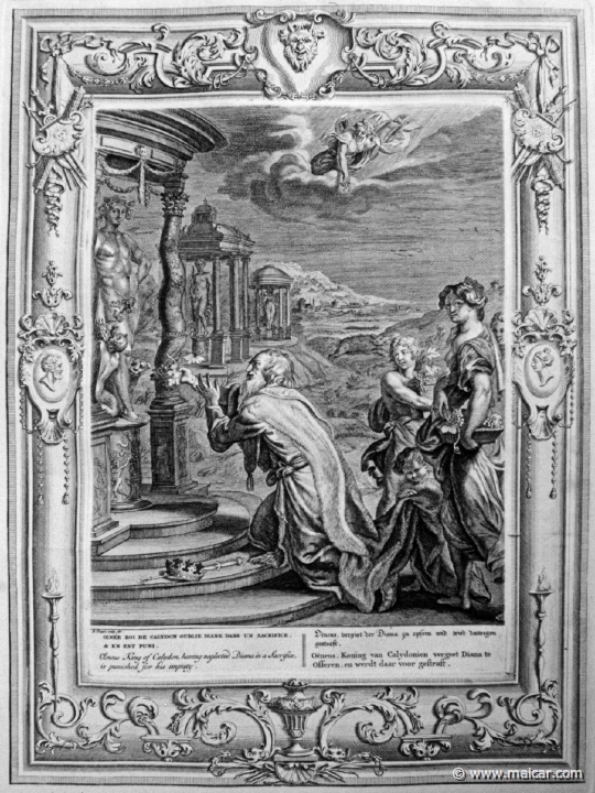 3108.jpg - 3108: Oeneus, King of Calydon, having neglected Diana in a sacrifice is punished for his impiety.Bernard Picart (1673-1733), Fabeln der Alten (Musen-Tempel), 1754.
