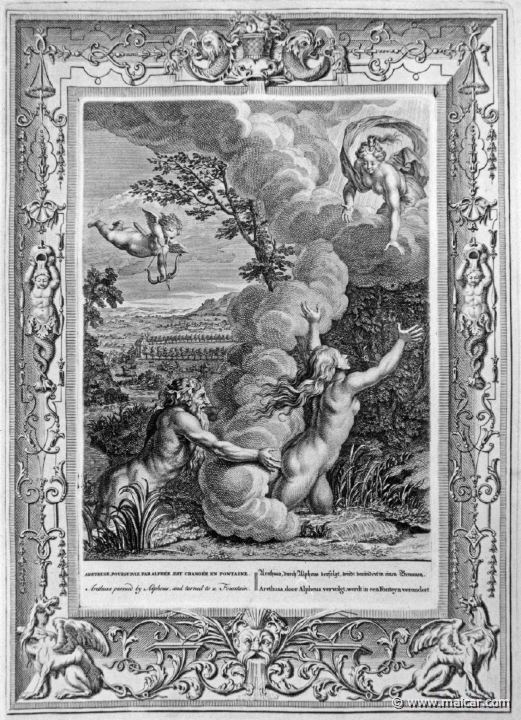 3111.jpg - 3111: Arethusa, pursued by Alpheus, turns into a fountain.Bernard Picart (1673-1733), Fabeln der Alten (Musen-Tempel), 1754.