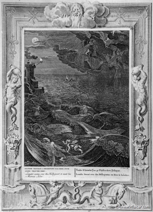 3115.jpg - 3115: Leander swims over the Hellespont to meet his mistress Hero.Bernard Picart (1673-1733), Fabeln der Alten (Musen-Tempel), 1754.