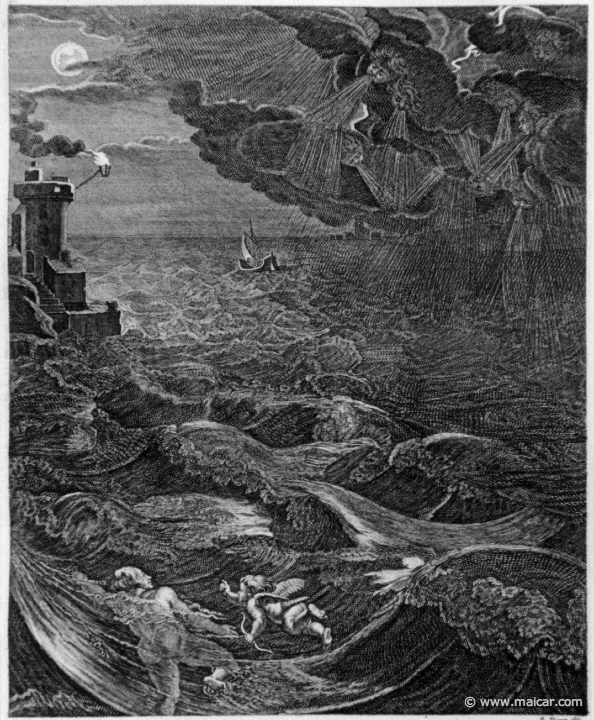 3115detail.jpg - 3115 (detail): Leander swims over the Hellespont to meet his mistress Hero.Bernard Picart (1673-1733), Fabeln der Alten (Musen-Tempel), 1754.