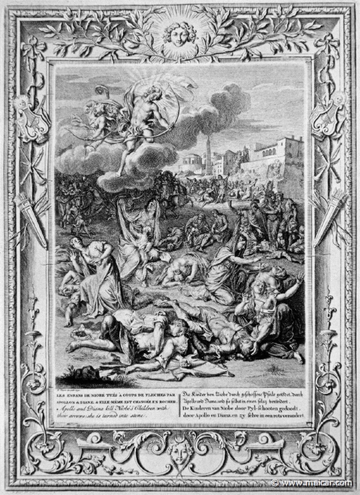 3117.jpg - 3117: Apollo and Diana kill Niobe’s children with their arrows.Bernard Picart (1673-1733), Fabeln der Alten (Musen-Tempel), 1754.