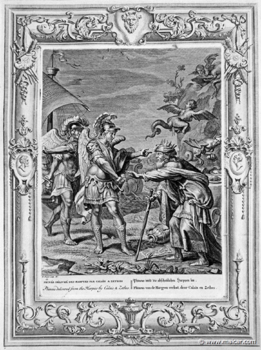 3118.jpg - 3118: Calais and Zetes deliver Phineus from the Harpies.Bernard Picart (1673-1733), Fabeln der Alten (Musen-Tempel), 1754.