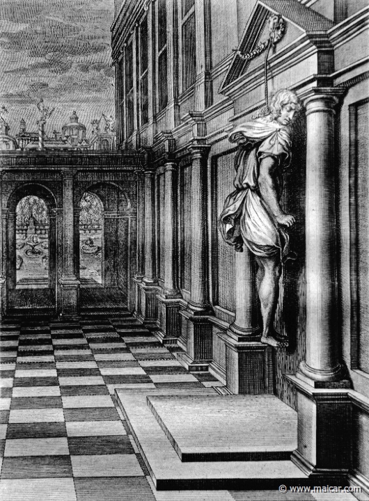 8609.jpg - 8609: Iphis hangs himself in despair that he could not gain Anaxarete. Bernard Picart (1673-1733), Fabeln der Alten (Musen-Tempel), 1754.