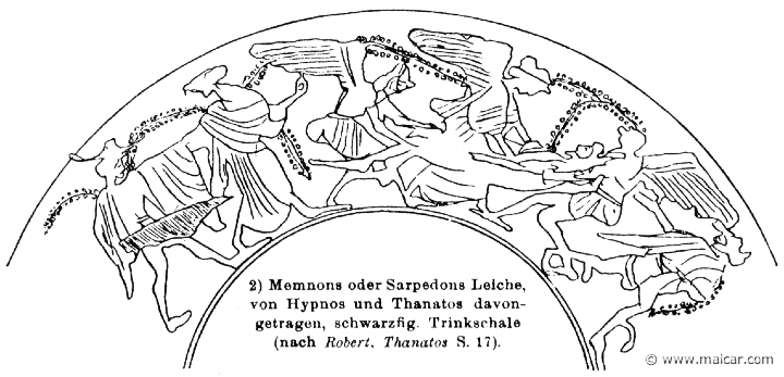 RIV-0409.jpg - RIV-0409: The body of Memnon (or Sarpedon) being carried away by Hypnos and Thanatos. Drinking cup.Wilhelm Heinrich Roscher (Göttingen, 1845- Dresden, 1923), Ausfürliches Lexikon der griechisches und römisches Mythologie, 1884.